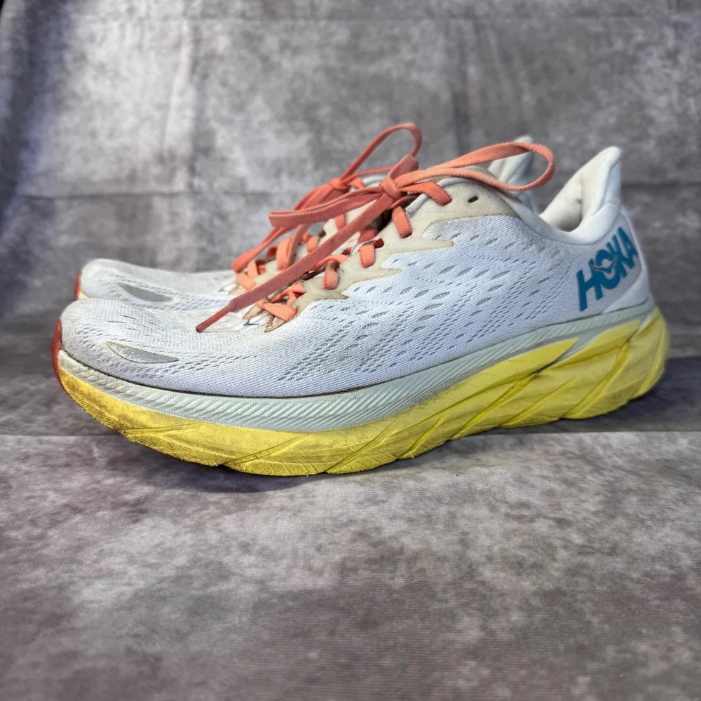 Hoka Clifton 8 Mens 11D Road Running Shoes White Yellow Coral Teal Sneaker